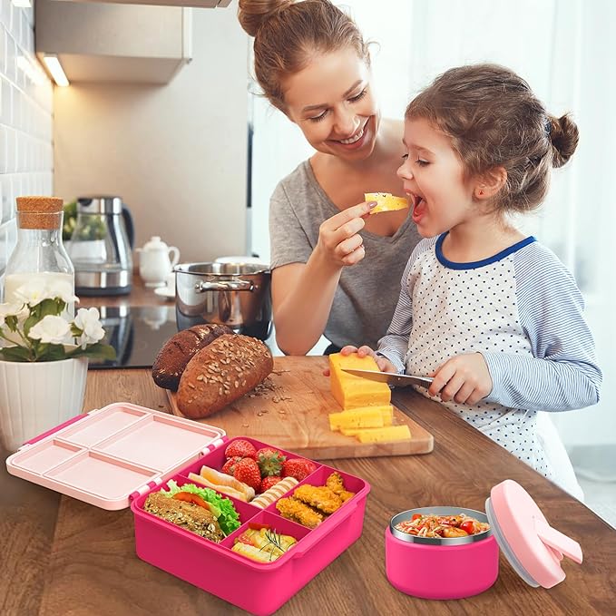 Bento Lunch Box with 8oz Soup Thermo, Kids Leakproof Lunch Food Containers with 4 Compartment, Kids Thermo Insulated Hot Food Jar for School, Trvael - (Pink)-CubbioJoy
