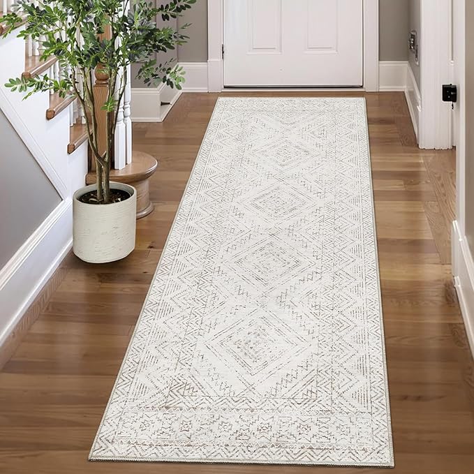 COZYLOOM Runner Rug 2x6 Living Room Washable Rugs Stain Resistant for Bedroom Soft Floor Carpet Non Slip Distressed Geometric Carpet for Dining Room Laundry Room Office, Ivory-CubbioJoy