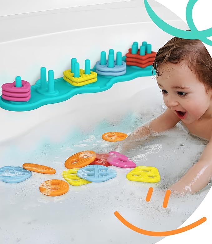 Baby Bath Toys Mold-Free Silicone Bath Toys, Sensory Shape Sorting & Stacking Set Includes 20 Floating Pieces, Early Learning Bathtub Toys for Toddlers-CubbioJoy