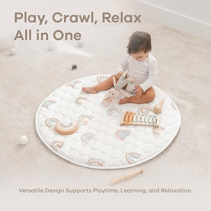 Comfy Cubs Round Kids Play Mat -Small 36 inches Soft Quilted Baby Floor Mat with Non-Slip Bottom - Plush Design for Toddlers' Playtime and Relaxation - Comfortable and Durable - Rainbow-CubbioJoy