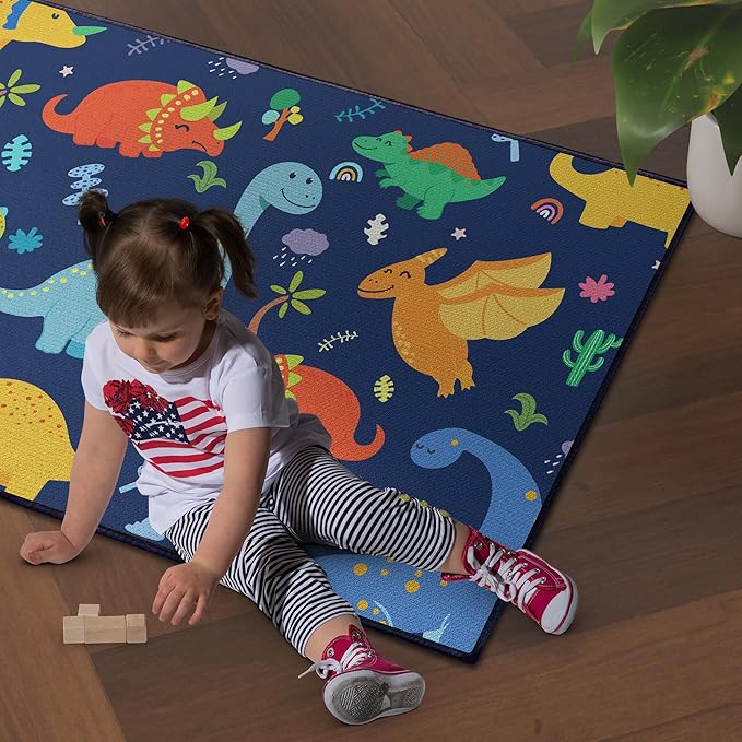 Cute Cartoon Dinosaur Rug for Boys Bedroom 59"x39" Bedroom Playroom Decor for Kids Lovely Dinosaur Animal Pattern Carpet Blue Rug Non-Slip Washable-CubbioJoy