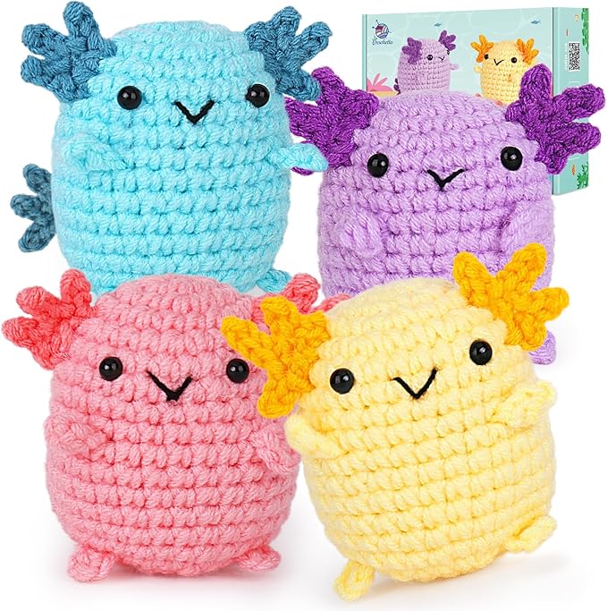 Crochetta Crochet Kit for Beginners, Crochet Starter Kit w Step-by-Step Video Tutorials, Beginner Crochet Kit for Adults Kids Women Men Complete Kit Included (4 Mini Axolotls)-CubbioJoy