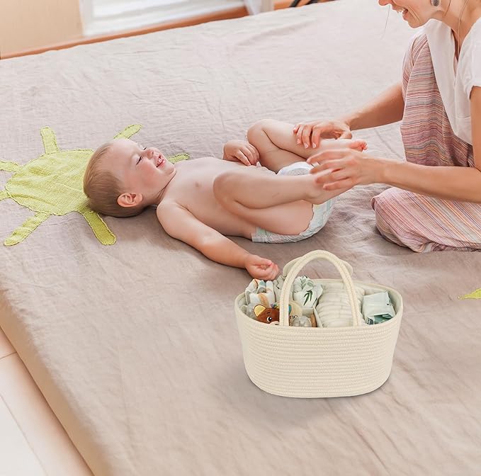 Diaper Caddy Organizer Cotton Rope Baby Basket Nursery Storage and Portable Tote Bag for Car Ideal Baby Shower Gifts and Registry Must-Have for Newborn Essentials Large beige-CubbioJoy
