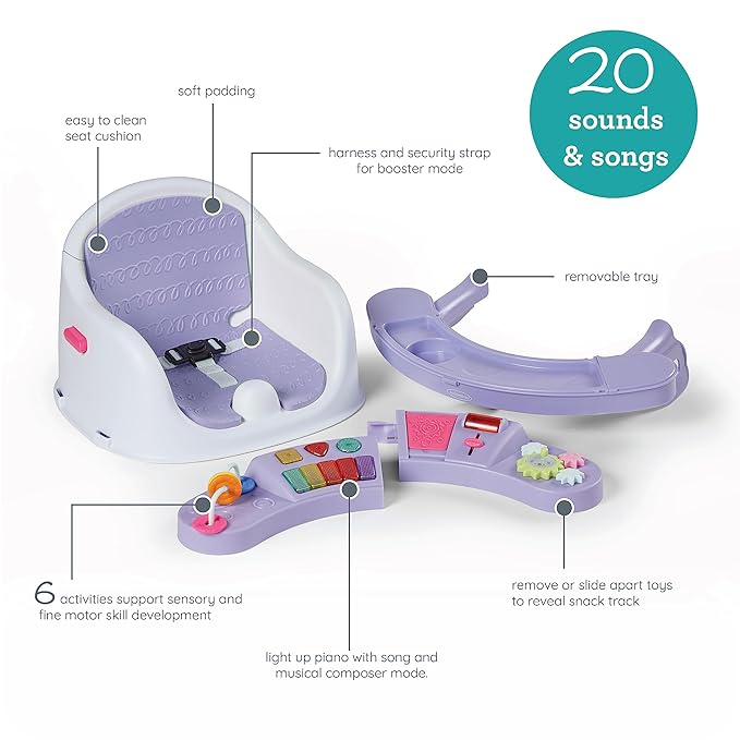 Infantino Music & Lights 3-in-1 Discovery Seat & Booster, Toddler Booster Seat for Dining Table or Kitchen Chair, Baby Activity Center & Snack Tray, Lavender-CubbioJoy
