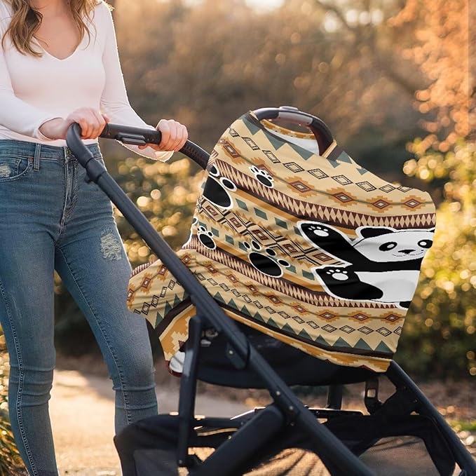 Binienty Breathable Car Seat Covers for Babies Newborns,Aztec Nation Panda Pattern Nursing Cover Breastfeeding Scarf Breathable Stroller Cover for Sun-CubbioJoy