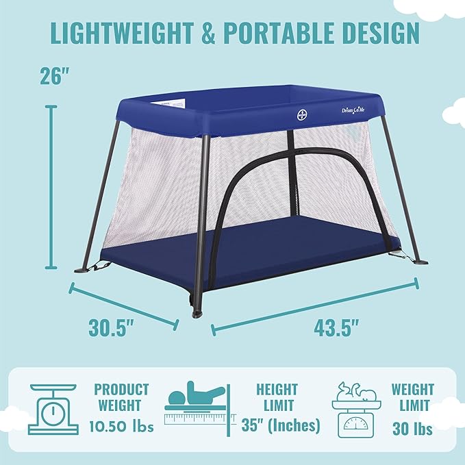 Dream On Me Travel Light Playard with Mesh Zipper Door in Navy-CubbioJoy