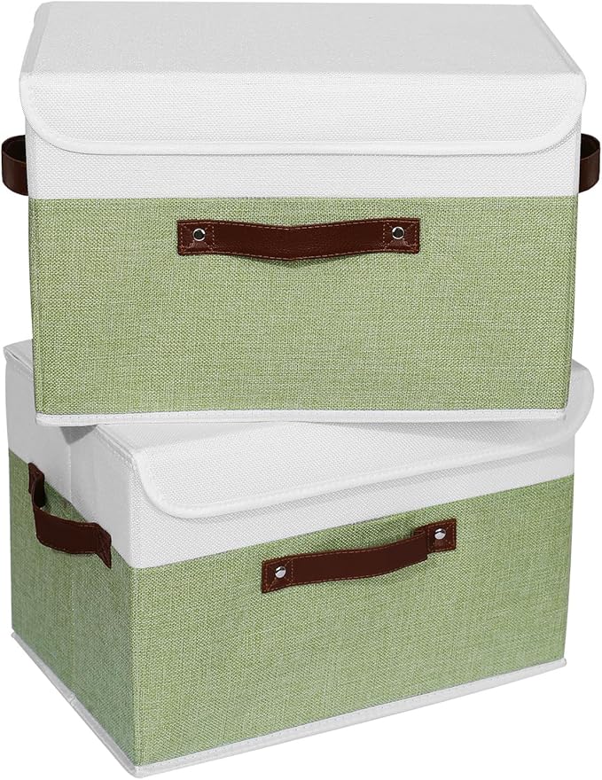 ANMINY 2PCS Storage Boxes with Lid Washable Decorative Storage Bins Basket with PU Leather Handle Foldable Linen Fabric Storage Cubes Containers for Home Closet Organizer - Green White, Large Size-CubbioJoy