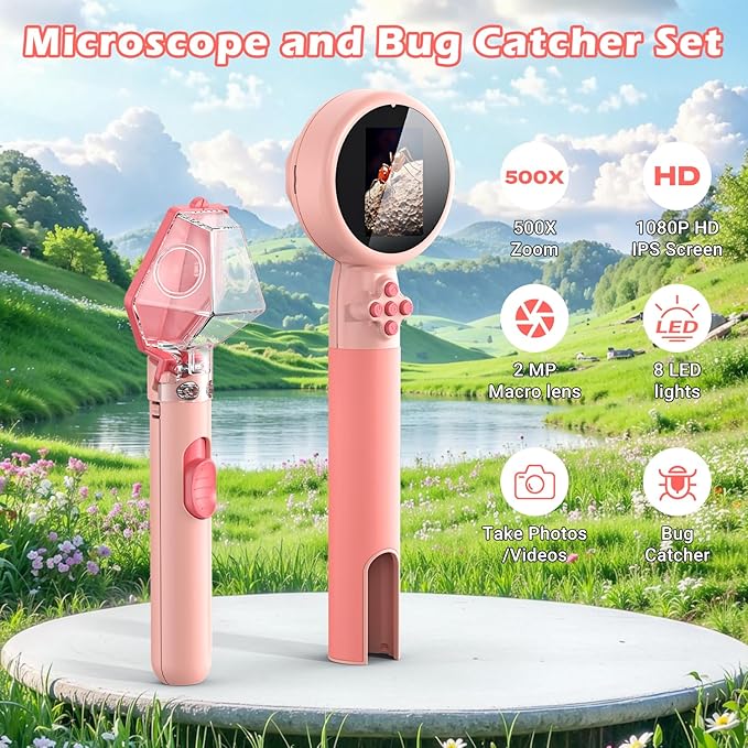 2 in 1 Kids Microscope with Bug Catcher,HD 500X Digital Microscope for Kids with 2" Screen,Photo and Video,STEM Educational Science Kit Learning Toys for Age 3-12 Girls & Boys Birthday Gifts (Pink)-CubbioJoy