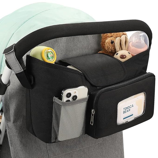 Accmor Universal Stroller Organizer with Insulated Cup Holder, Stroller Caddy Bag Accessories, Stroller Cup Holder Organizer for Uppababy Baby Jogger Britax Stroller, Black-CubbioJoy