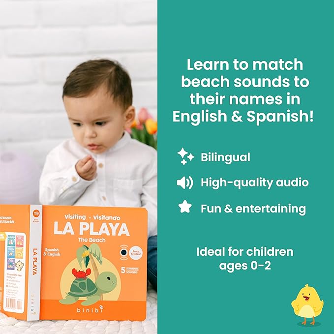 Binibi Spanish Books for Babies & Toddlers 1-3 The Beach Interactive Bilingual Sound Book with Fun Beach Sounds | Bilingual Children's Book | Spanish Learning for Kids-CubbioJoy
