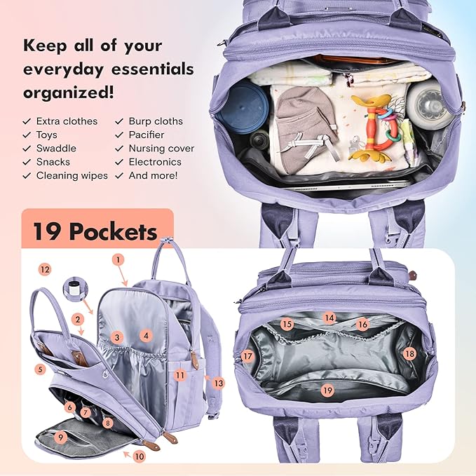 Dikaslon Diaper Bag Backpack with Portable Changing Pad, Pacifier Case and Stroller Straps, Large Unisex Baby Bags for Boys Girls, Multipurpose Travel Back Pack Moms Dads, Taro Purple-CubbioJoy