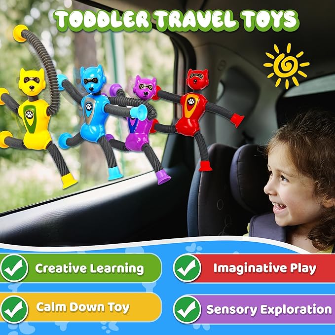 Cool Robot Dog Pop Tubes Sensory Fidgets Toddler Toy 4PC Travel Toys Airplane Car Activities Autistic Road Trip Toys Suction Tube for Kid Boy Year Old Ages 3 4 5 6 7 8 ADHD Autism Fidget Classroom-CubbioJoy
