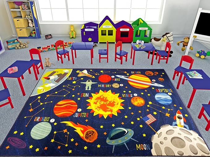KC Cubs 8x10 Outer Space Solar System Toy Car Road Rug – Educational Play Mat Carpet for Kids, Toddlers, Nursery, Classroom, Playroom, Baby Daycare-CubbioJoy