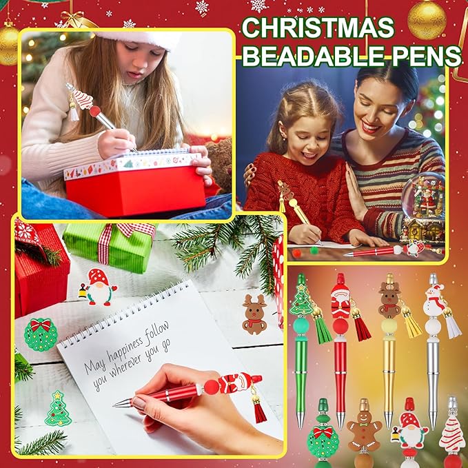 CZWZ 8 Pcs Christmas Beadable Pens, Plastic Beadable Pens with Multicolor Silicone Beads, Christmas Snowman Pine Tree Floral Hoop Deer Pens for Christmas Gifts Office School Supplies-CubbioJoy