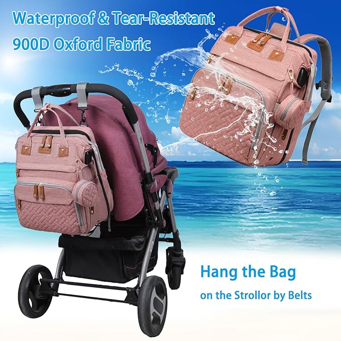 Jeryswet Baby Diaper Bags with Changing Station, Waterproof Large Capacity Diaper Bag Backpack for Moms Dads with USB Charging Port and Stroller Straps, Baby Shower Gifts, Pink-CubbioJoy