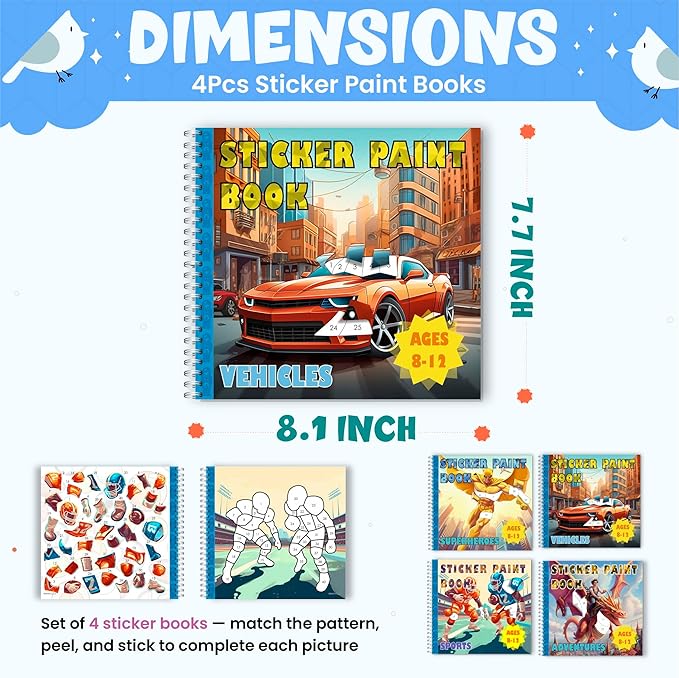 BulbaCraft 4Pcs Sticker Paint Books for Boys - Sticker Books by Number with Superheroes, Sports, Vehicles and Adventures - Coloring Activity for Kids-CubbioJoy