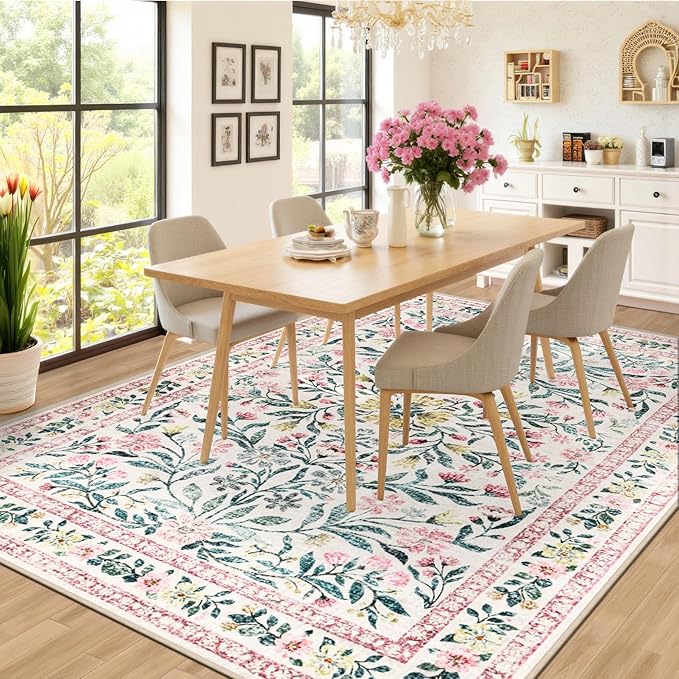6x9 Area Rugs for Living Room: Floral Washable Rug Vintage Large Soft Boho Non-Slip Carpet Indoor Stain Resistant Thin Carpets for Bedroom Dining Room Farmhouse Nursery Hallway Home Office Pink Green-CubbioJoy