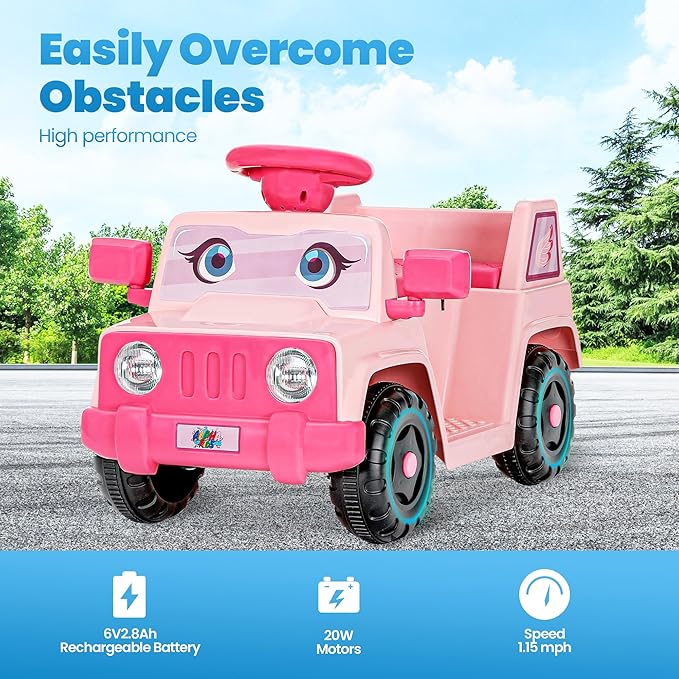6V Toddler Ride-On Car with Horn LED Front Light Rear Storage and Eyes Theme – Fun & Safe Electric Car for Boys & Girls 18+ Months – Perfect for Little Explorers(Pink Eyes)-CubbioJoy