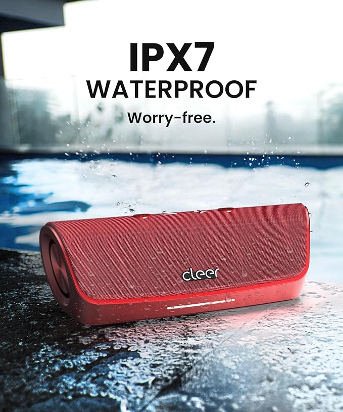 Cleer Scene Portable Bluetooth Speaker,IPX7 Waterproof,Powerful Sound and Deep Bass,Built-in Echo and Noise Canceling Microphone,12 Hours Battery,for Office,Home,Outdoors and Travel-Red-CubbioJoy