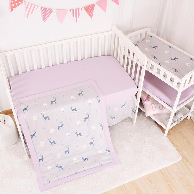 CaSaJa 4-Piece Crib Bedding Set for Boys and Girls, Nursery Baby Bedding Set Including Quilted Comforter with Fitted Crib Sheet and Changing Pad Covers, Reversible Quilt Design, Reindeer Forest-CubbioJoy
