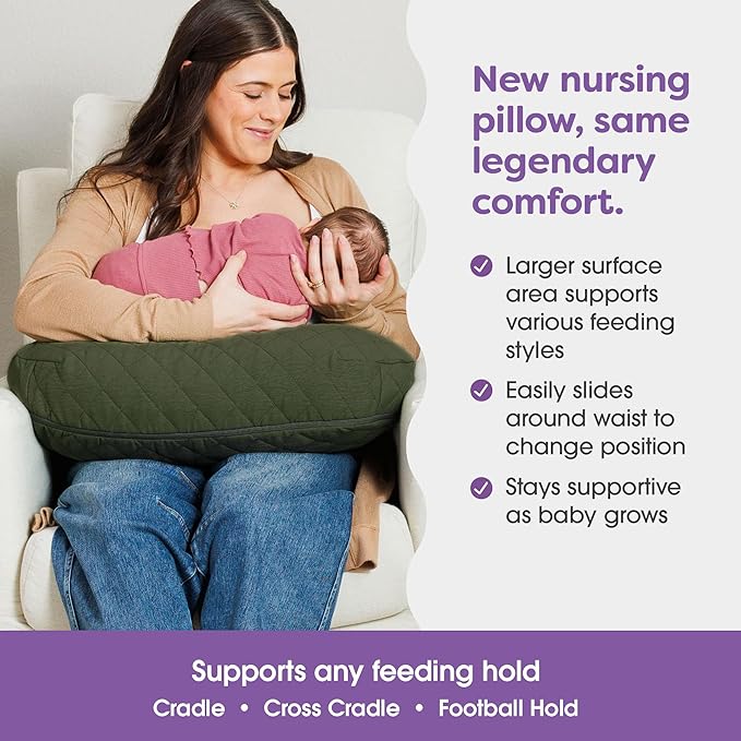 Boppy Nursing Pillow with Luxe Fabric Cover, Quilted Moss, Larger, More Supportive Pillow for Breastfeeding and Bottle Feeding; Firmer and Higher Than Original, w/Premium Cover; JPMA Certified-CubbioJoy