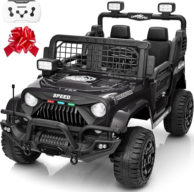 2 Seater Ride On Car Truck with Remote Control XL, Kids 24V Battery Powered Electric Vihicle w/21 in Seat, 3 Speeds, 2WD/4WD Switichable, Shock Absorbers,Bluetooth, Flower, Gift Choice-CubbioJoy