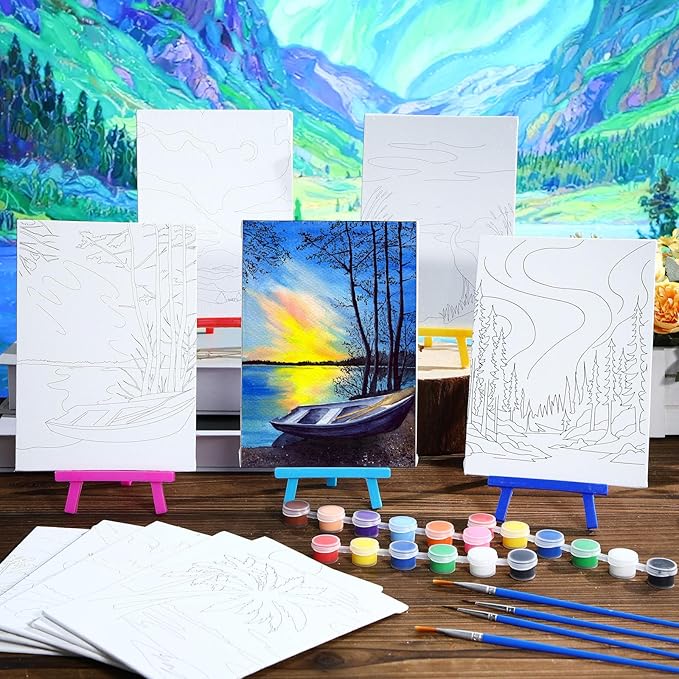 Blosssound 10 Set Pre Printed Canvas Pre Drawn Canvas Painting with Easel Kits 5" x 7" Outline Painting Panels for Beginners, DIY Craft Project, Party Favor, Home Decors(Dream Sky)-CubbioJoy