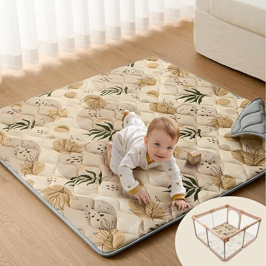 Blissful Diary Baby Play Mats for Floor, 50x50 Playpen Mat, Thick Cushioning Padding Foam Playmat for Baby and Toddlers Infants, Non-Slip & Machine Washable, Earth Tones Design-CubbioJoy