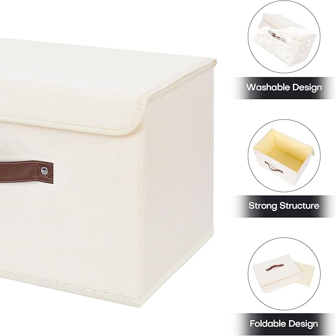 ANMINY Storage Bin with Lid Storage Boxes with PU Leather Handles PP Plastic Board Decorative Foldable Lidded Cotton Linen Fabric Home Cubes Baskets Closet Organizer Container - Beige, Large Size-CubbioJoy