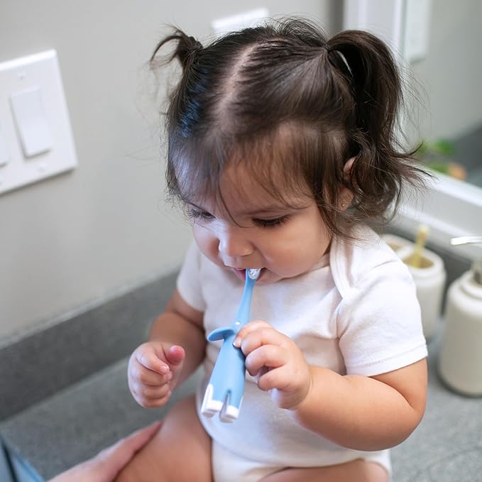 Dr. Brown's Infant-to-Toddler Training Toothbrush Set, Blue Elephant with Fluoride-Free Apple Pear Baby Toothpaste, 0-3 years-CubbioJoy