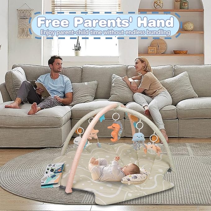 Baby Play Mat, Oversize Shell Tummy Time Mat with 6 Detachable Baby Activity Toys, Baby Gyms & Playmats for Babies 0-6 Months, Baby Mat for Floor Newborn Baby Shower Gifts (Beige)-CubbioJoy