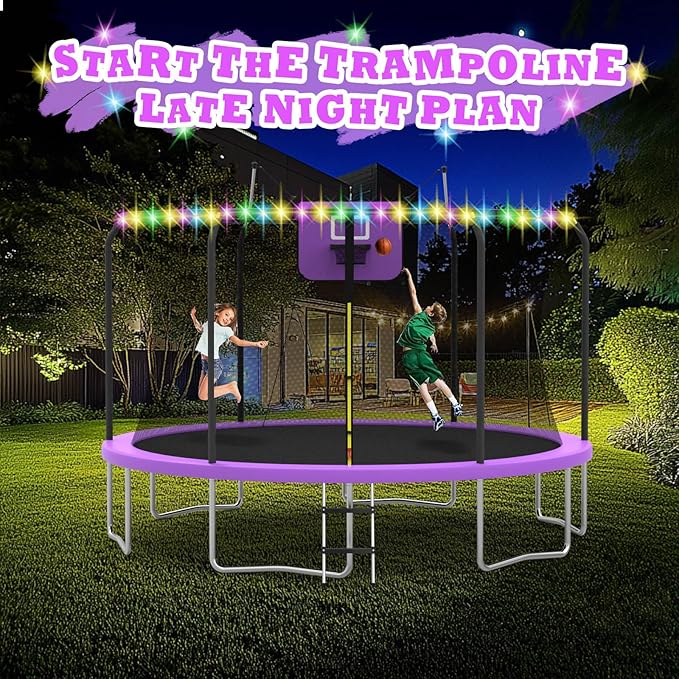 8FT 10FT 12FT 14FT Outdoor Trampoline with Basketball Hoop and LED Lights, ASTM Approved Recreational Trampolines for Kids and Adults with Net and Ladder-CubbioJoy