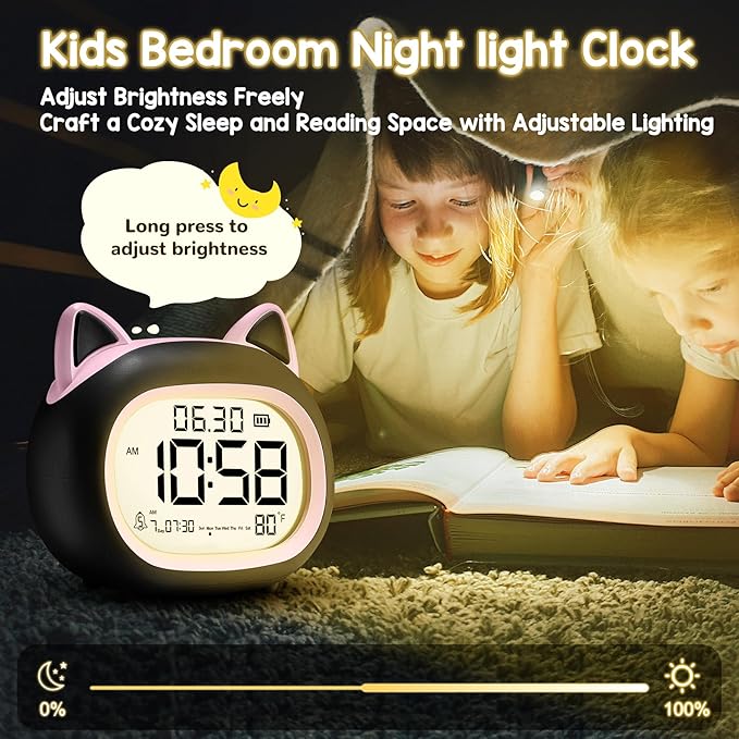 Kids Alarm Clock with Night Light for Kids, Small Digital Alarm Clocks for Bedrooms, Routine Builder, Cute Cat Alarm Clock with Sleep Training, Snooze, 12/24H, Date & Day, Temperature, USB Port-CubbioJoy