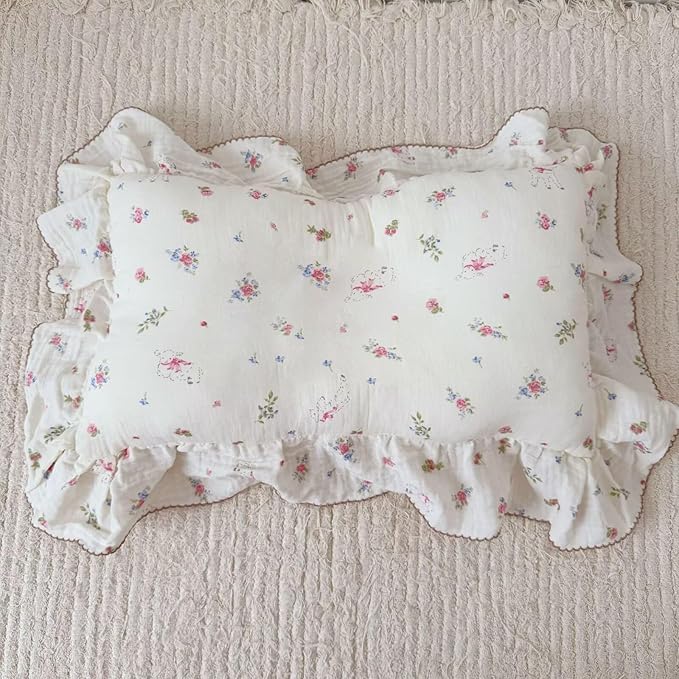 BuLuTu 100% Cotton Standard Pillow Case for Kids, 1 pc, 20"x26", Pink Floral Sheep Design Pillow Cover Muslin Gauze Pillow Protector for Children Girls Boys Bedding Gift, Envelope Closure-CubbioJoy