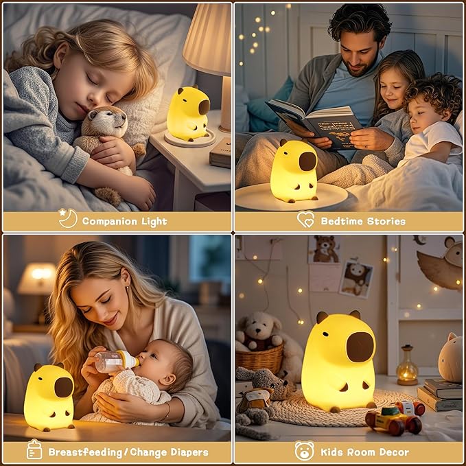 Cute Capybara Night Light, LED Squishy Novelty Animal Night Lamp,2 Levels Dimmable/Timer Nursery Nightlight for Kids, Rechargeable Touch Bedside Lamp, Bedroom/Dorm Decor, Baby Boys Girls Gifts-CubbioJoy