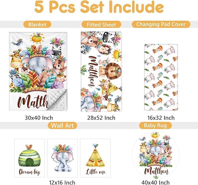 Custom Crib Bedding Set, 5 Pcs Customized Baby Crib Set with Name, Double Layer Baby Bedding Set for Girls Boys, Personalized for Nursery Infants Toddlers, Cute Animals-CubbioJoy