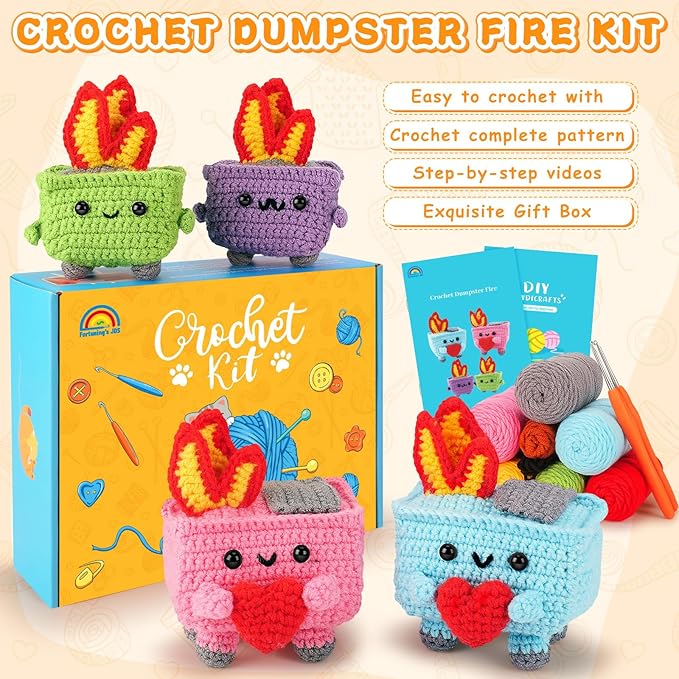 Crochet Kit for Beginners - 4PCS Dumpster Fire Complete Crochet Starter Kit with Step-by-Step Video Tutorials, Beginner Crochet Kits for Adults Kids Women, Funny Crochet Gifts-CubbioJoy