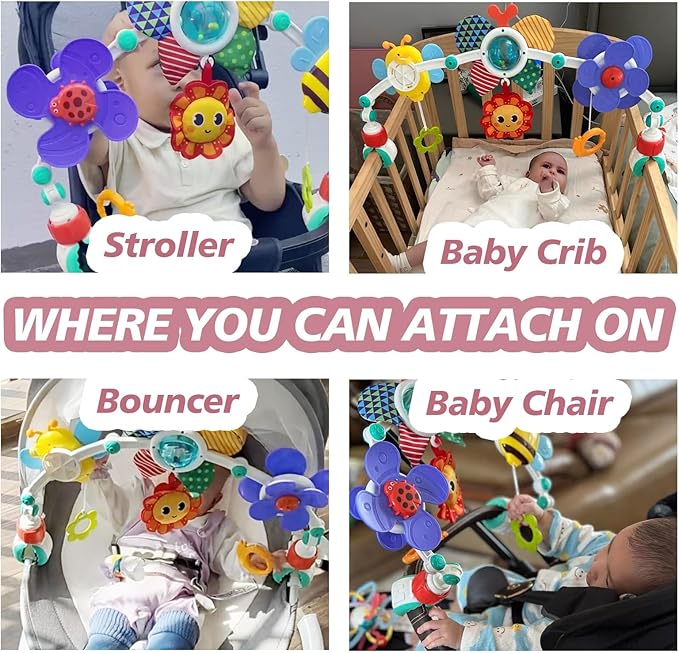 Baby Activity Arch Toy Bar for Stroller, Bassinets and Car Seat, Adjustable Crib Toys Hanging Attachment, Sensory Development Toys with Rattles-CubbioJoy