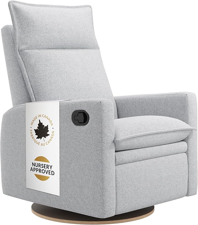 Arya Modern Nursery Glider Recliner Chair – Cozy Nursing Chair with 360° Swivel for New Parents, Gentle Motion, Compact Design, High Back & Low Armrests, Canadian Made (Heather Grey/ARLO Fabric)-CubbioJoy