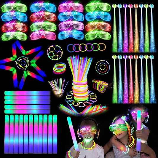 148 PCS Glow in the Dark Party Supplies, 16PCS Foam Glow Sticks, 16PCS LED Glasses,100PCS Glow Sticks Bracelets and 16Pcs LED Hair Clips Fiber Optic for Glow Party, Wedding, Halloween Party-CubbioJoy