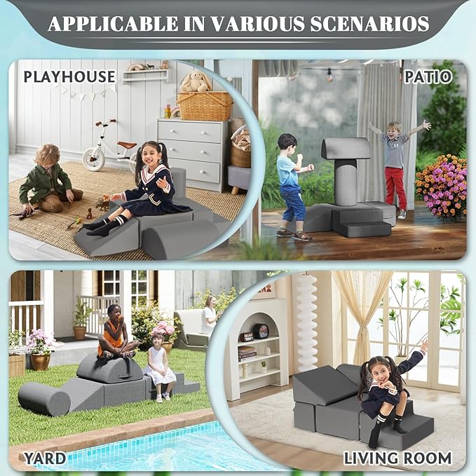 jela Foam Blocks 6Pcs Soft Play Equipment Waterproof Fabric, UV Resistant Toddler Climbing Toys Indoor& Outdoor Soft Play Climbing for Toddlers, Lightweight Climbing Blocks for Babies, Kids (Darkgrey)-CubbioJoy