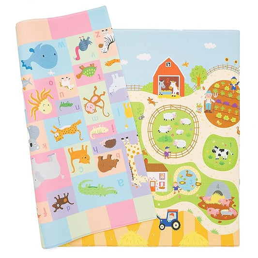 Baby Care Play Mat (Medium, Playful - Busy Farm) 73’’ x 49’’ Original One-Piece Reversible Rollable Waterproof Play Mat for Infants, Babies, Toddler, and Kids-CubbioJoy