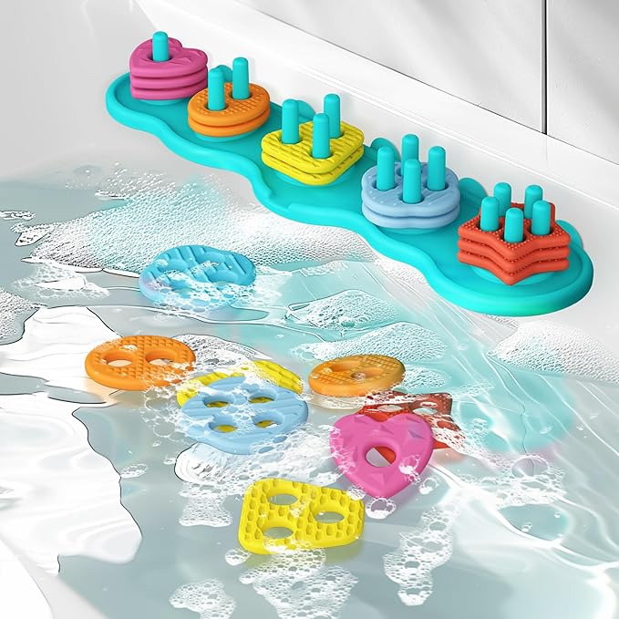 Baby Bath Toys Mold-Free Silicone Bath Toys, Sensory Shape Sorting & Stacking Set Includes 20 Floating Pieces, Early Learning Bathtub Toys for Toddlers-CubbioJoy