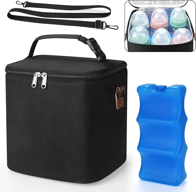 Accmor Breastmilk Cooler Bag with Ice Pack, Baby Bottle Cooler Bags, Insulated Bottle Cooler Tote Bags On The Go, Fits 6 Large 9oz Bottles, for Nursing Mom Daycare Travel, Black-CubbioJoy