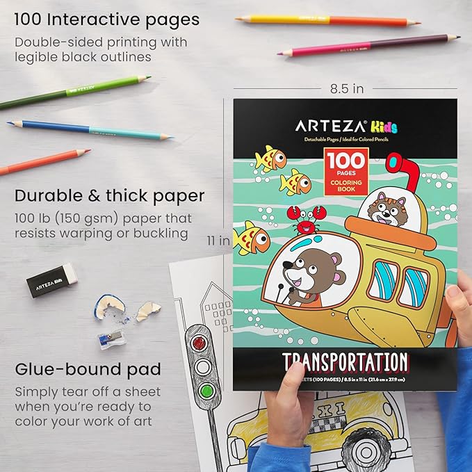 ARTEZA Kids Coloring Book and Colored Pencils Set, Transportation Illustrations, 50 Double-Sided Sheets, 100lb Paper-CubbioJoy