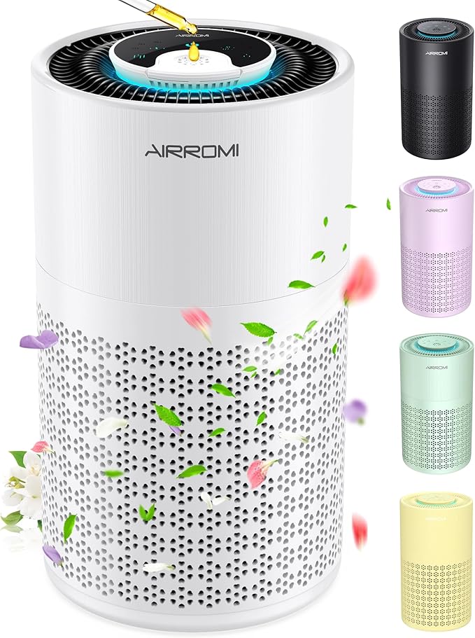 AIRROMI Air Purifier for Bedroom with HEPA 3-in-1 Filter, Pet Air Purifier for Home Cat Pee Smell, Covers Upto 990 Ft², Quiet 360° intake Air Cleaner for pet hair,allergies,Dust,Smoke A2001 White-CubbioJoy