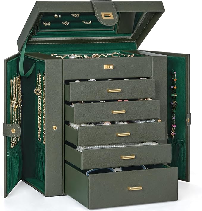 AKOZLIN Huge Jewelry Box Organizer Functional Large Leather Jewelry Storage Case for Women Girls Ring Necklace Earring Bracelet Holder Organizer with Mirror-CubbioJoy