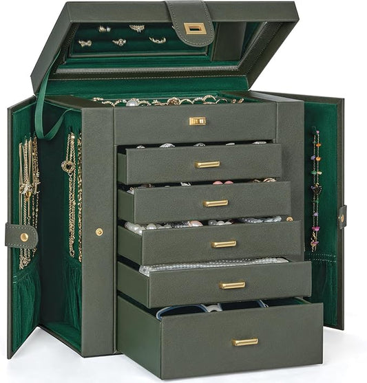 AKOZLIN Huge Jewelry Box Organizer Functional Large Leather Jewelry Storage Case for Women Girls Ring Necklace Earring Bracelet Holder Organizer with Mirror-CubbioJoy