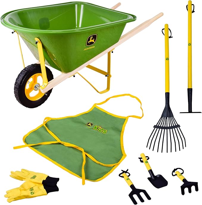 John Deere Deluxe 34" Wheelbarrow and Garden Set Includes 5 Realistic Gardening Tools,Gardening Apron, Gardening Gloves, Large Metal Wheelbarrow with Wooden Handles, Outdoor Toy Ages 5+-CubbioJoy