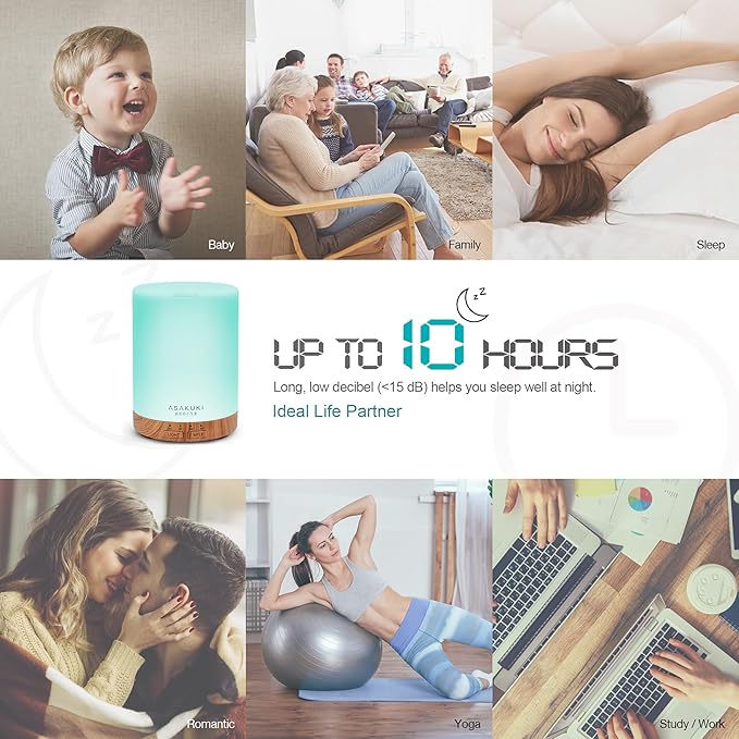 ASAKUKI 300ML Essential Oil Diffuser, Quiet 5-in-1 Premium Humidifier, Home Fragrance Aroma Diffuser with 7 LED Color Changing Light and Auto-Off Switch -Light Brown-CubbioJoy